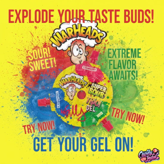 Warheads Super Sour Trio Gel- zmeură albastră, căpșuni & măr verde 51g