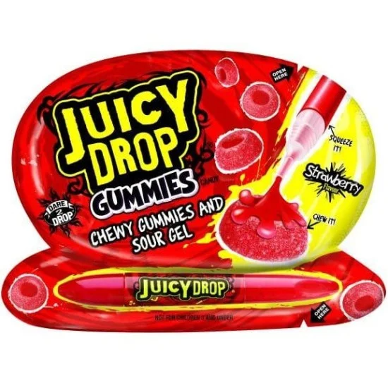 Bazooka Juicy Drop Chewy Gummies and Sour Gel Pen Strawberry - cu gust de căpșuni 57g