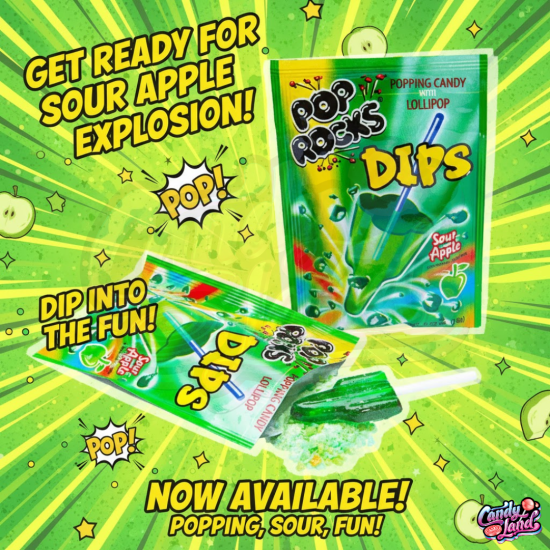 Pop Rocks Dips Sour Apple - bomboane explozive și acadea cu gust de mere verzi 18g