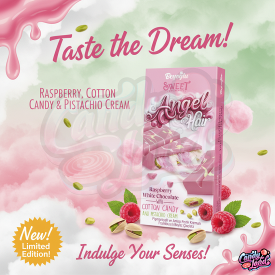Angel Hair (Beyoglu) Raspberry Chocolate Filled with Pistachio and Cotton Candy 185g