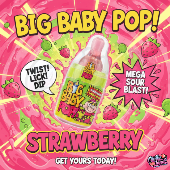 Bazooka Big Baby Pop! Mega Sour Strawberry - căpșuni 32g