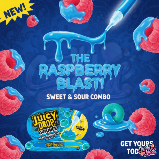 Bazooka Juicy Drop Chewy Gummies and Sour Gel Pen Raspberry - cu gust de zmeură 57g