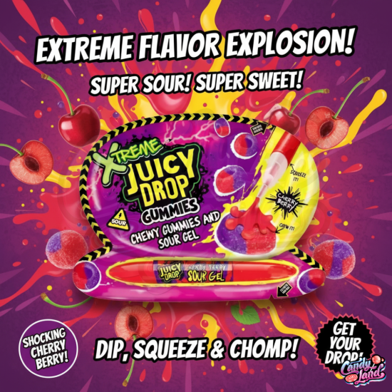Bazooka Xtreme Juicy Drop Gummies Cherry Berry - jeleuri cu gust de cireșe 57g