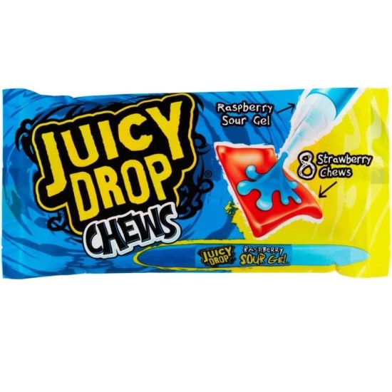 Bazooka Juicy Drop Taffy 8 Strawberry Chews with Sour Raspberry Gel Pen - căpșuni și zmeură 67g