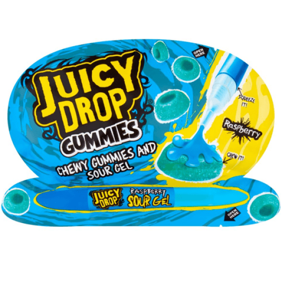 Bazooka Juicy Drop Chewy Gummies and Sour Gel Pen Raspberry - cu gust de zmeură 57g