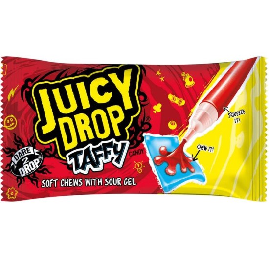 Bazooka Juicy Drop Raspberry Chews with Sour Strawberry Gel Pen - zmeură și căpșuni 67g