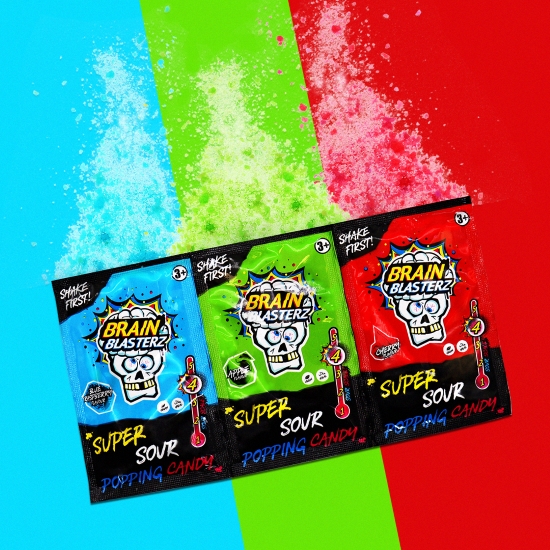 Brain Blasterz Super Sour Popping Candy Trio - mere, zmeură albastră & cireșe  36g